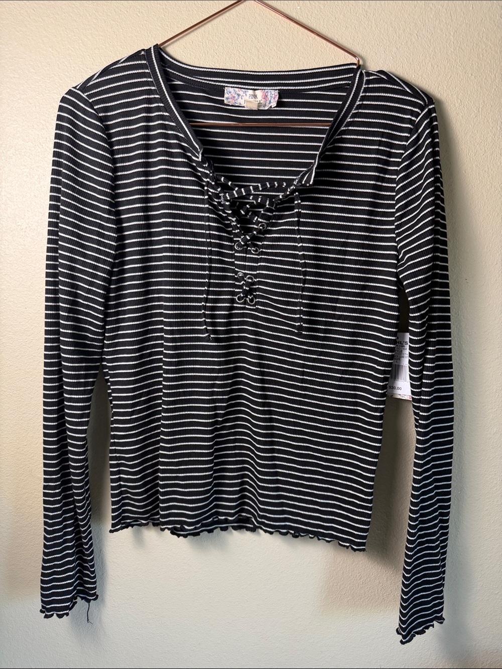 Pink Republic Black and White Striped Lace-Up Long Sleeve Top